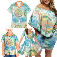 Hawaiian Piko Cultural Pride Aloha Family Matching Off Shoulder Short Dress and Hawaiian Shirt Watercolor Spiral Art - Tropical Plumeria Lei Garland