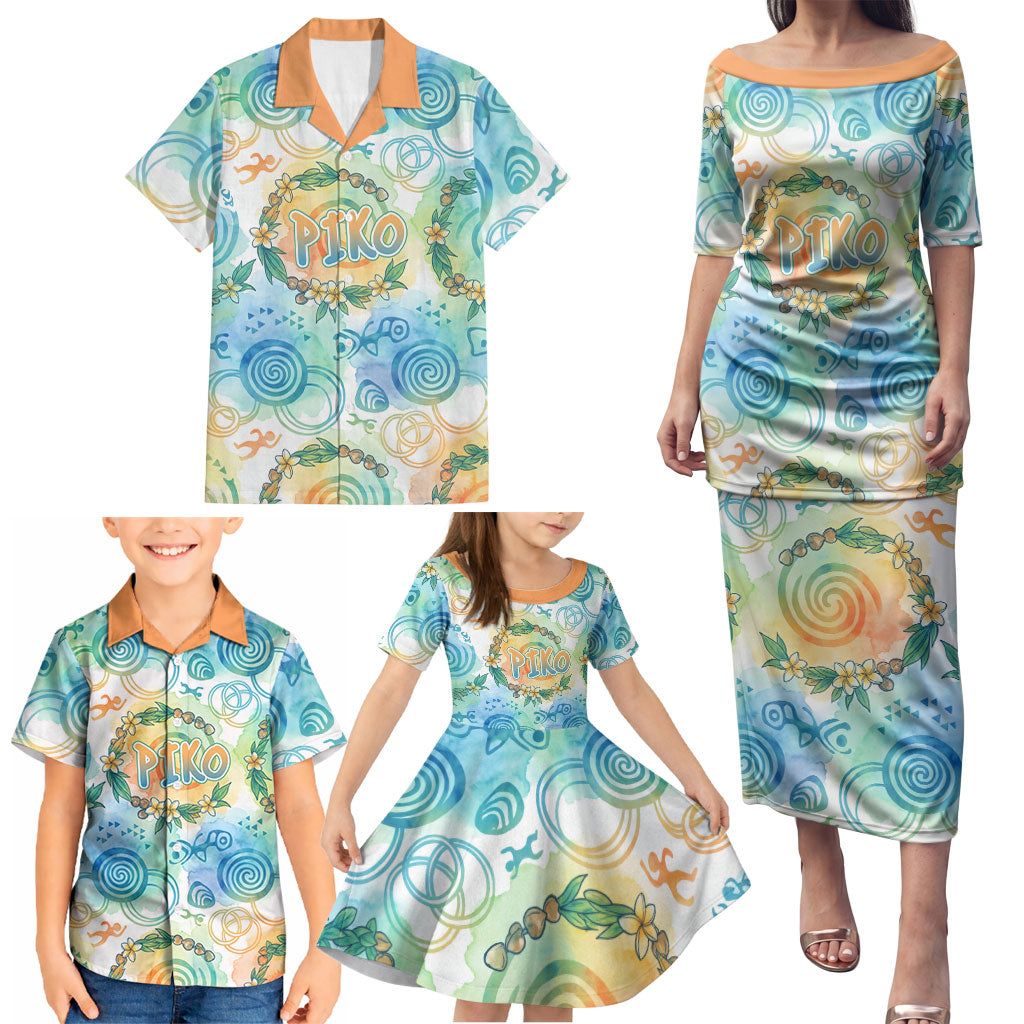 Hawaiian Piko Cultural Pride Aloha Family Matching Puletasi and Hawaiian Shirt Watercolor Spiral Art - Tropical Plumeria Lei Garland TS04 - Polynesian Pride