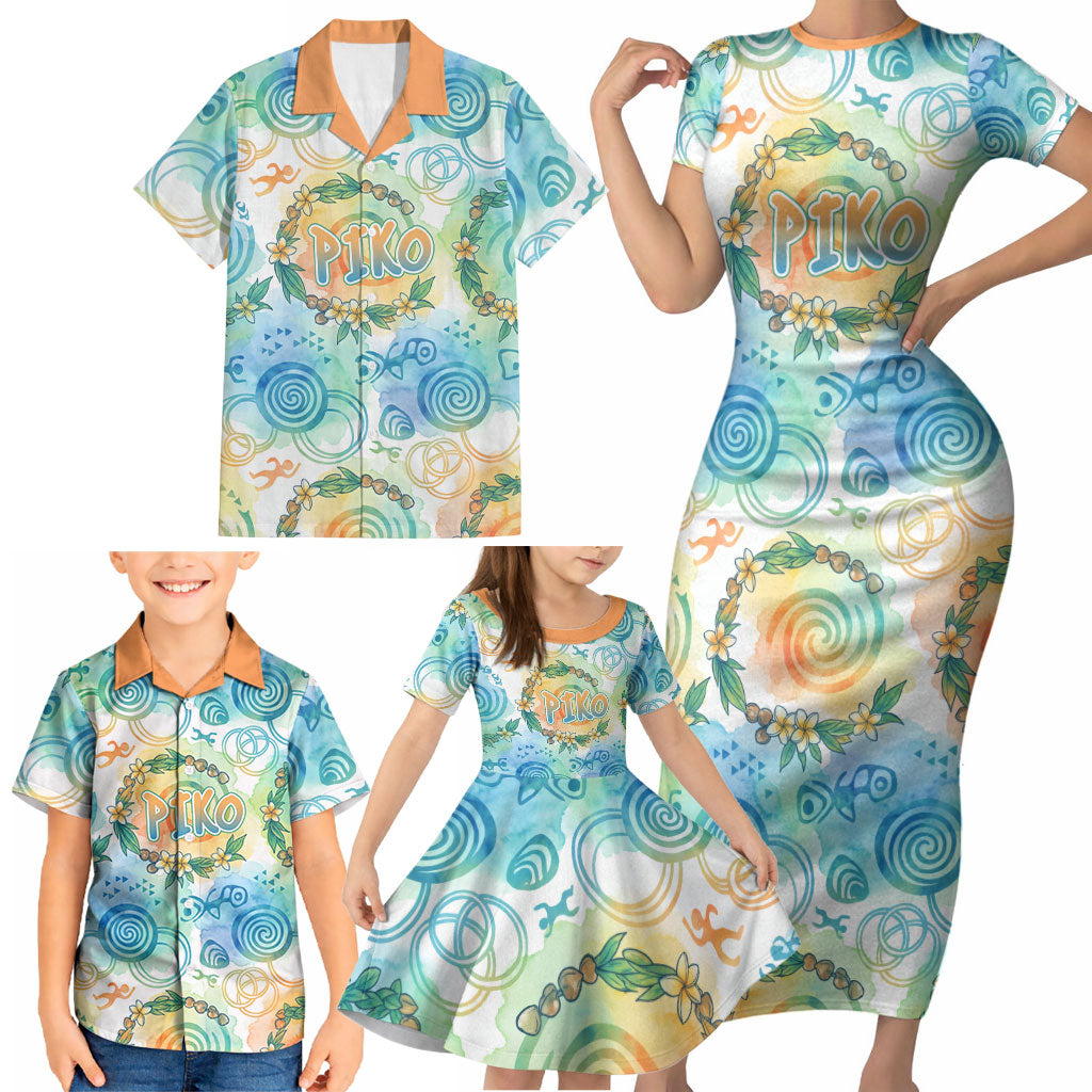 Hawaiian Piko Cultural Pride Aloha Family Matching Short Sleeve Bodycon Dress and Hawaiian Shirt Watercolor Spiral Art - Tropical Plumeria Lei Garland TS04 - Polynesian Pride