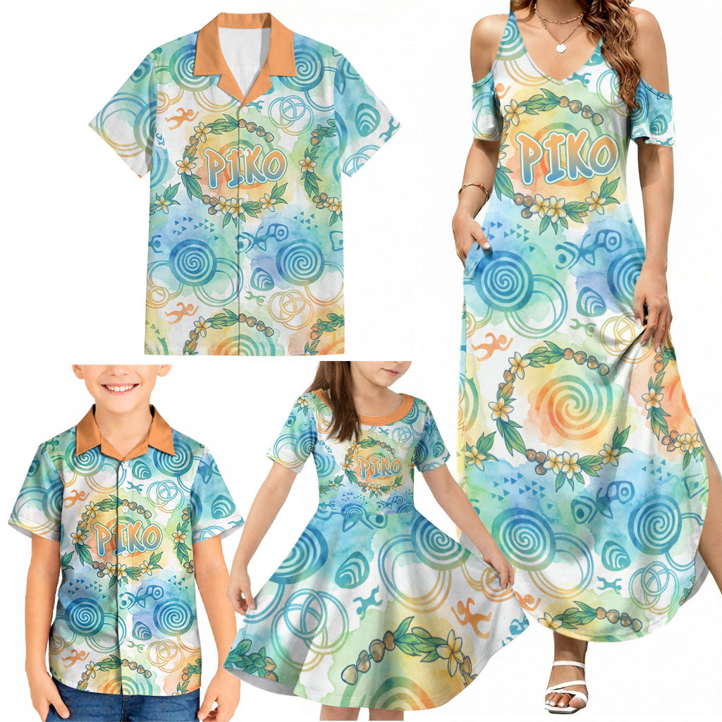 Hawaiian Piko Cultural Pride Aloha Family Matching Summer Maxi Dress and Hawaiian Shirt Watercolor Spiral Art - Tropical Plumeria Lei Garland TS04 - Polynesian Pride