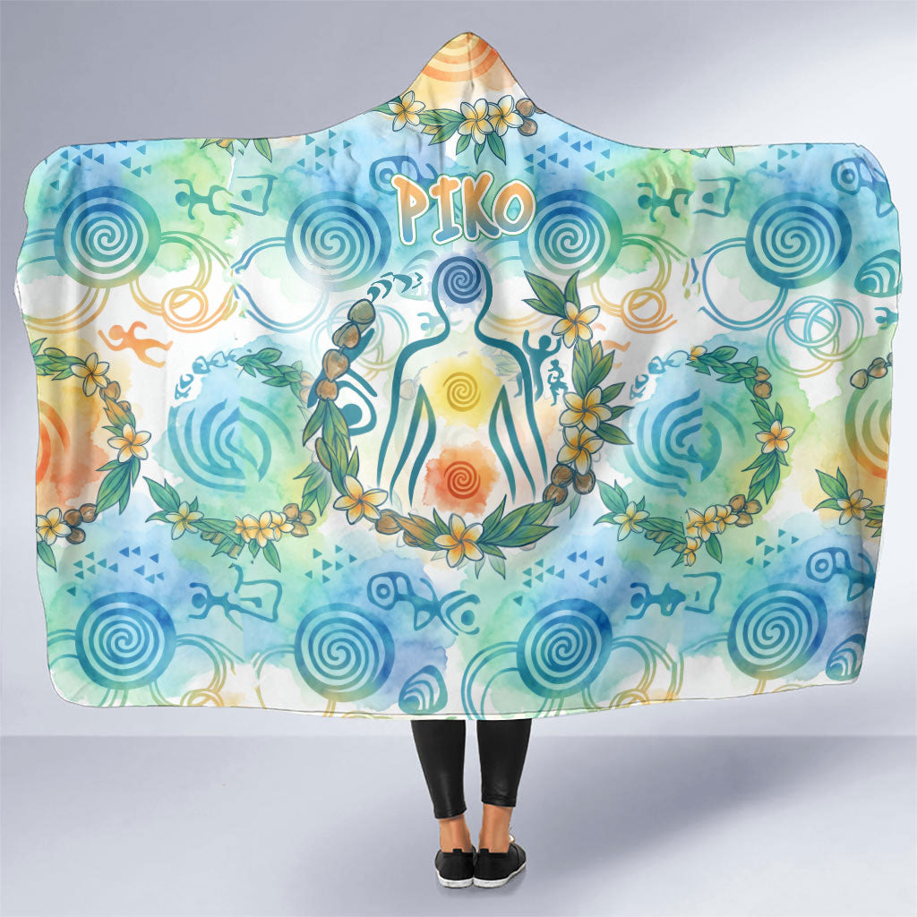 Hawaiian Piko Cultural Pride Aloha Hooded Blanket Watercolor Spiral Art - Tropical Plumeria Lei Garland