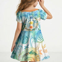 Hawaiian Piko Cultural Pride Aloha Kid Short Sleeve Dress Watercolor Spiral Art - Tropical Plumeria Lei Garland