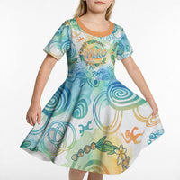 Hawaiian Piko Cultural Pride Aloha Kid Short Sleeve Dress Watercolor Spiral Art - Tropical Plumeria Lei Garland