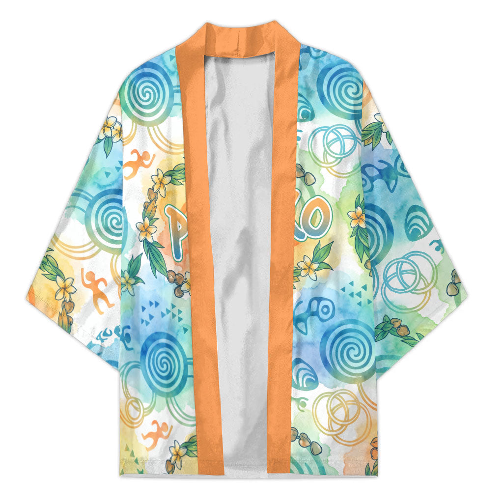 Hawaiian Piko Cultural Pride Aloha Kimono Watercolor Spiral Art - Tropical Plumeria Lei Garland