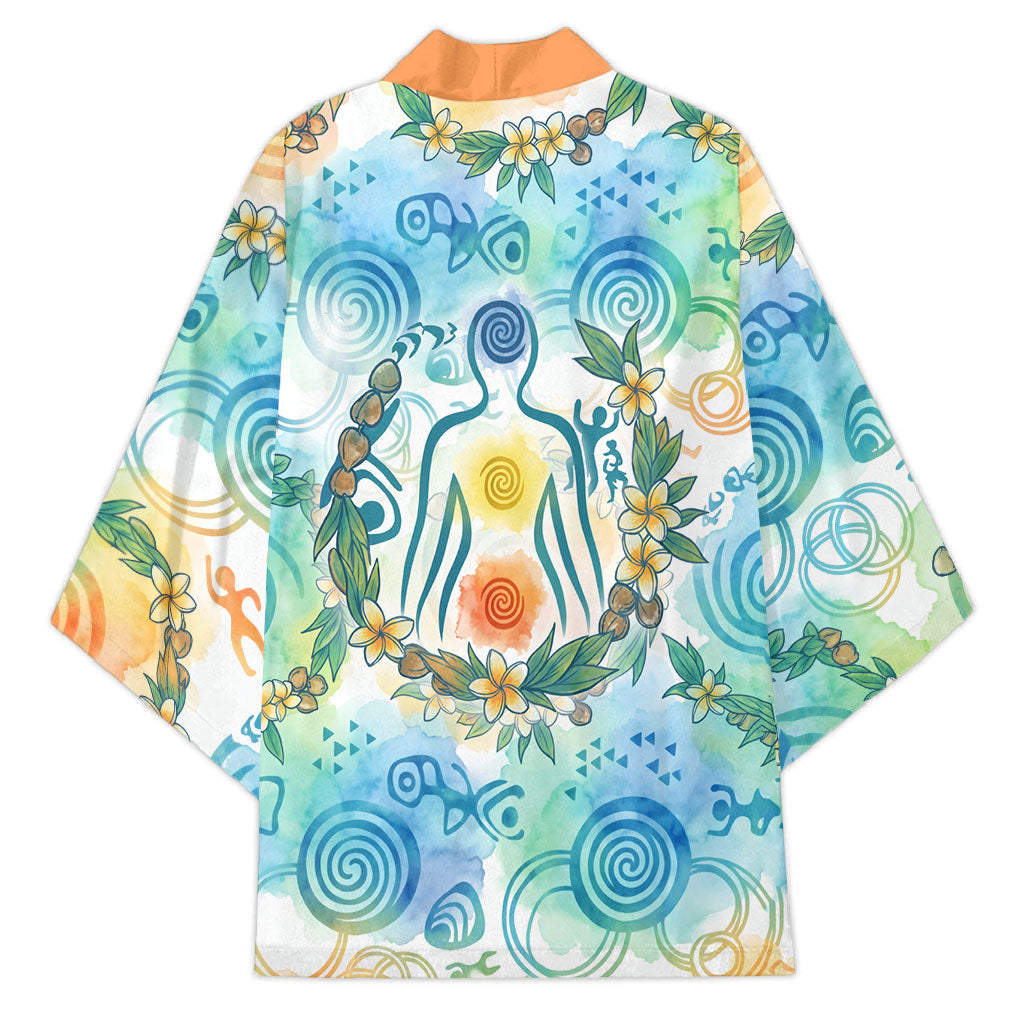Hawaiian Piko Cultural Pride Aloha Kimono Watercolor Spiral Art - Tropical Plumeria Lei Garland