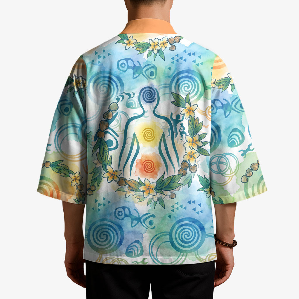 Hawaiian Piko Cultural Pride Aloha Kimono Watercolor Spiral Art - Tropical Plumeria Lei Garland