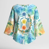Hawaiian Piko Cultural Pride Aloha Kimono Sleeve Blouse Watercolor Spiral Art - Tropical Plumeria Lei Garland