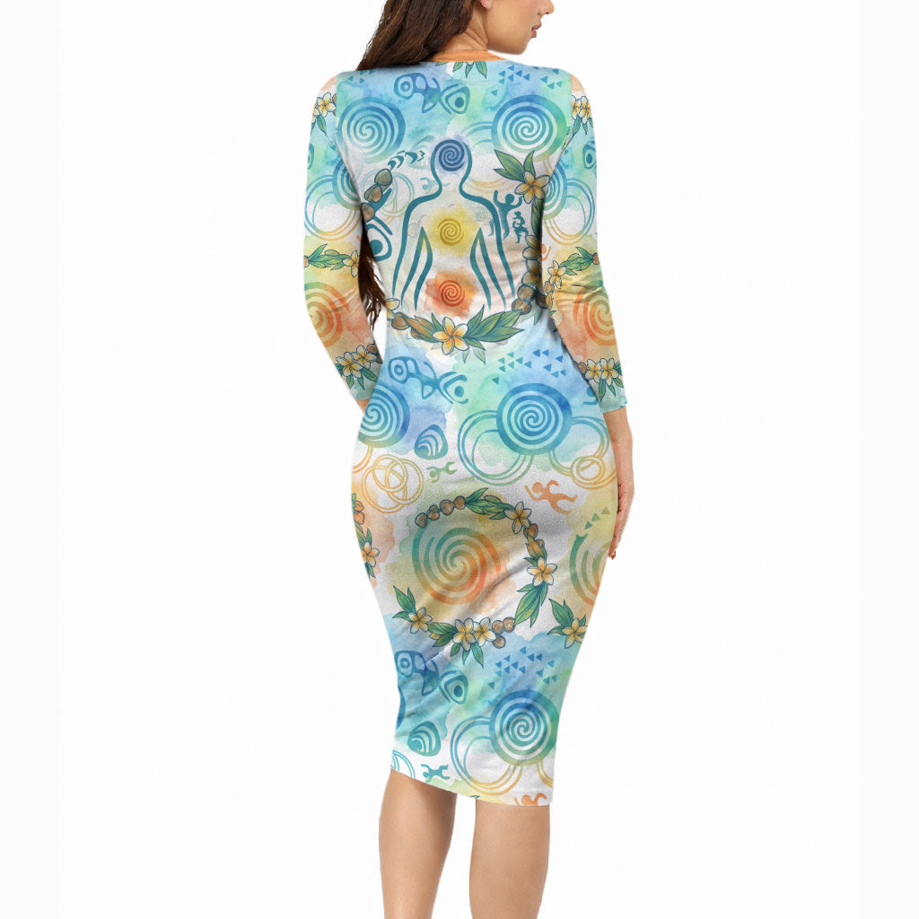 Hawaiian Piko Cultural Pride Aloha Long Sleeve Bodycon Dress Watercolor Spiral Art - Tropical Plumeria Lei Garland