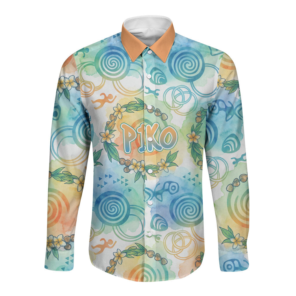 Hawaiian Piko Cultural Pride Aloha Long Sleeve Button Shirt Watercolor Spiral Art - Tropical Plumeria Lei Garland TS04 Unisex White Blue - Polynesian Pride