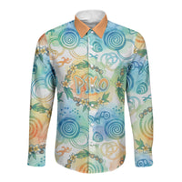 Hawaiian Piko Cultural Pride Aloha Long Sleeve Button Shirt Watercolor Spiral Art - Tropical Plumeria Lei Garland