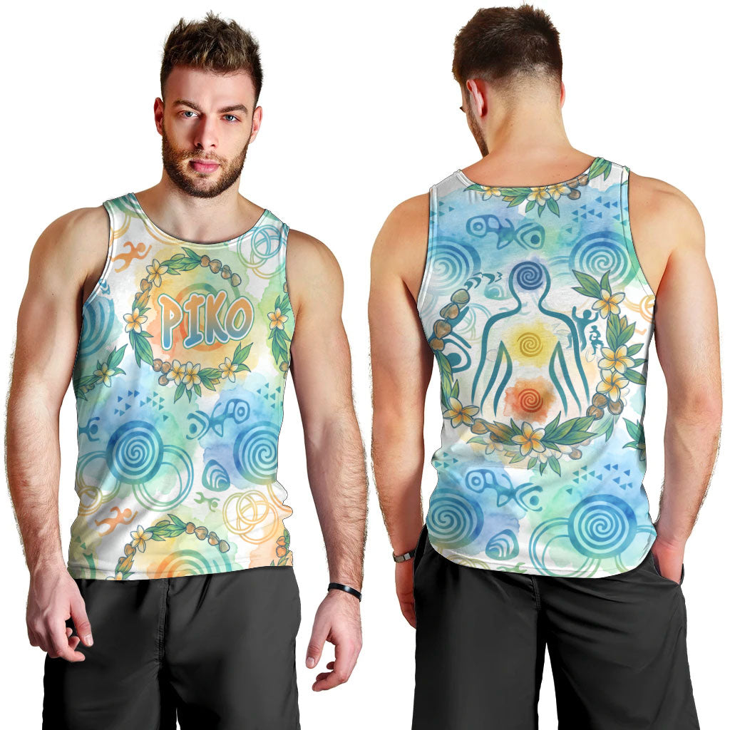 Hawaiian Piko Cultural Pride Aloha Men Tank Top Watercolor Spiral Art - Tropical Plumeria Lei Garland