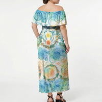 Hawaiian Piko Cultural Pride Aloha Off Shoulder Maxi Dress Watercolor Spiral Art - Tropical Plumeria Lei Garland