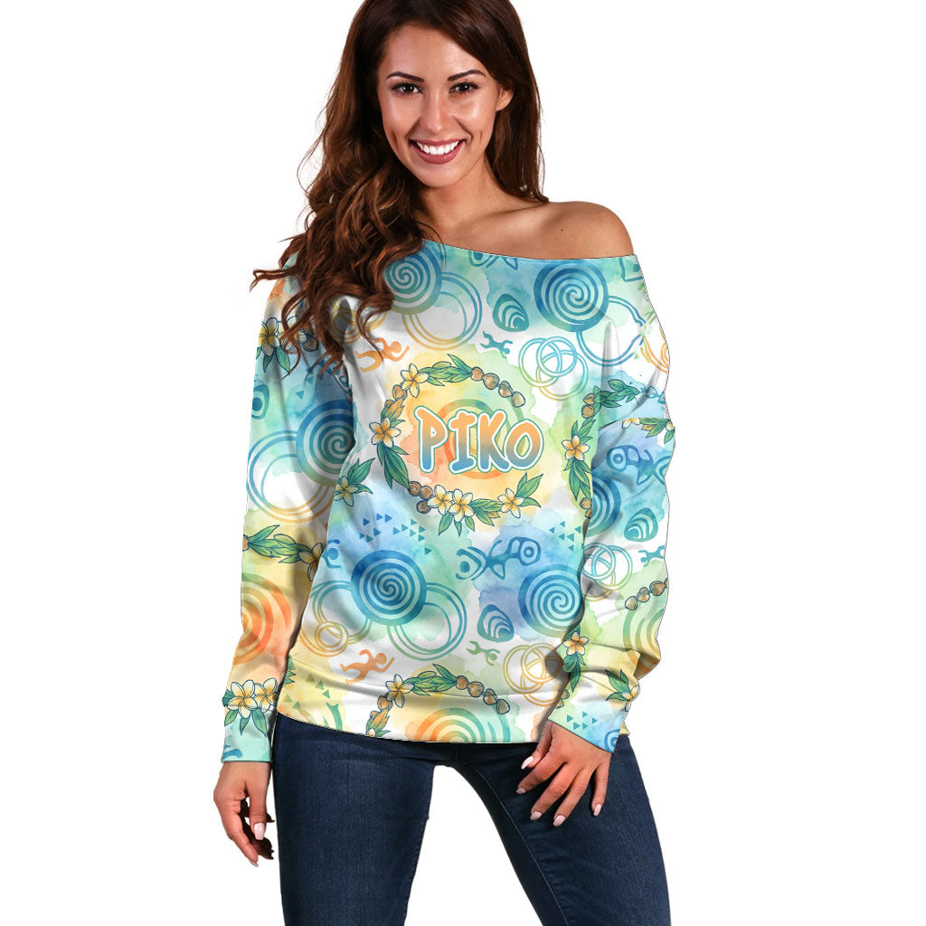 Hawaiian Piko Cultural Pride Aloha Off Shoulder Sweater Watercolor Spiral Art - Tropical Plumeria Lei Garland
