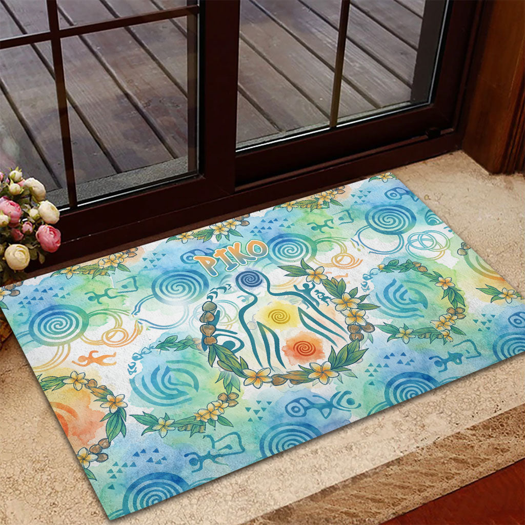 Hawaiian Piko Cultural Pride Aloha Rubber Doormat Watercolor Spiral Art - Tropical Plumeria Lei Garland
