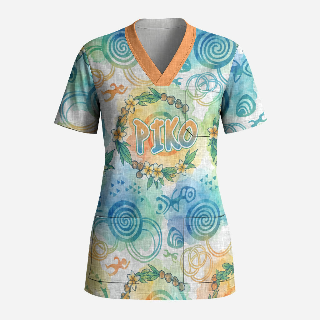 Hawaiian Piko Cultural Pride Aloha Scrub Top Watercolor Spiral Art - Tropical Plumeria Lei Garland