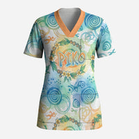 Hawaiian Piko Cultural Pride Aloha Scrub Top Watercolor Spiral Art - Tropical Plumeria Lei Garland