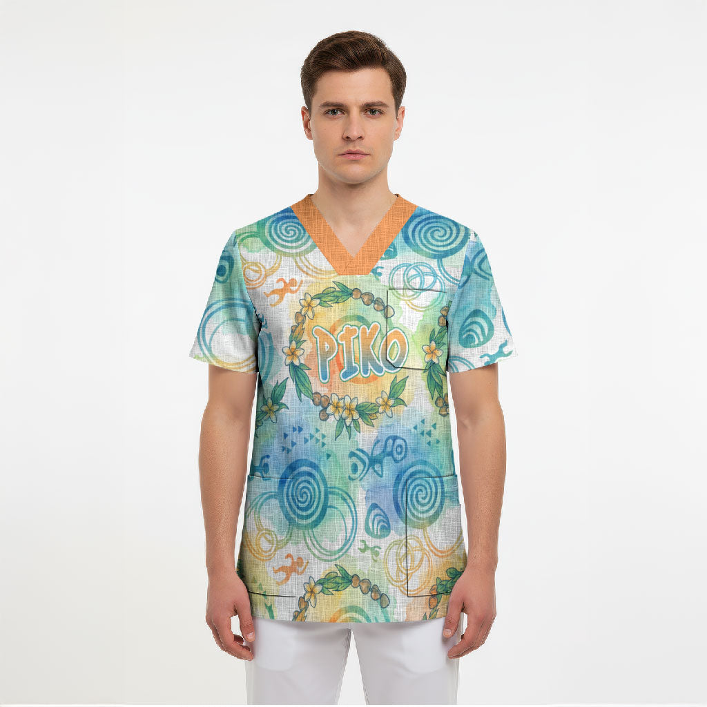 Hawaiian Piko Cultural Pride Aloha Scrub Top Watercolor Spiral Art - Tropical Plumeria Lei Garland