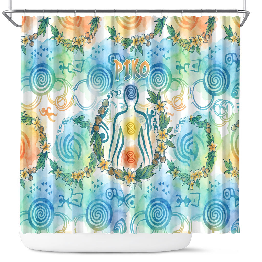 Hawaiian Piko Cultural Pride Aloha Shower Curtain Watercolor Spiral Art - Tropical Plumeria Lei Garland