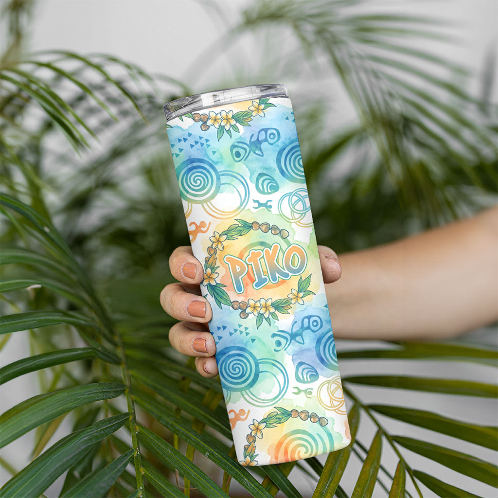 Hawaiian Piko Cultural Pride Aloha Skinny Tumbler Watercolor Spiral Art - Tropical Plumeria Lei Garland