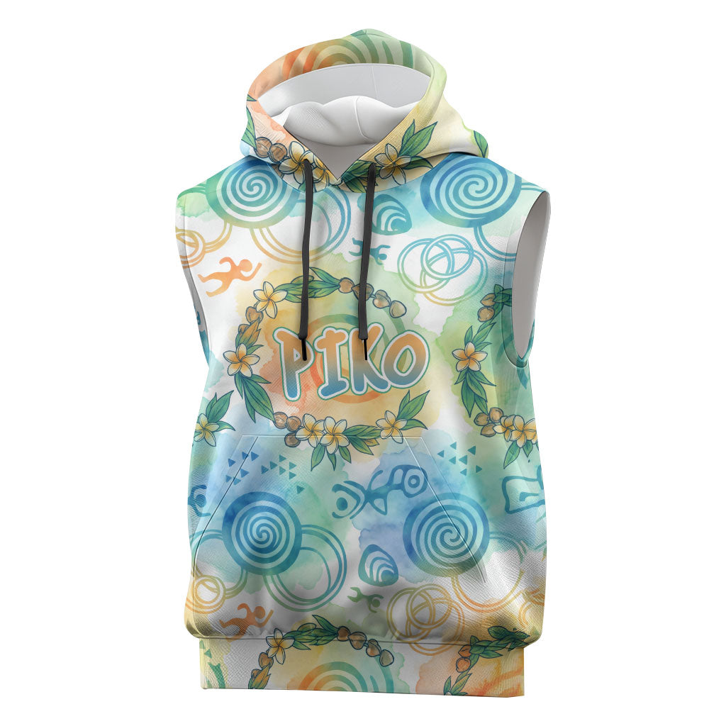 Hawaiian Piko Cultural Pride Aloha Sleeveless Hoodie Watercolor Spiral Art - Tropical Plumeria Lei Garland