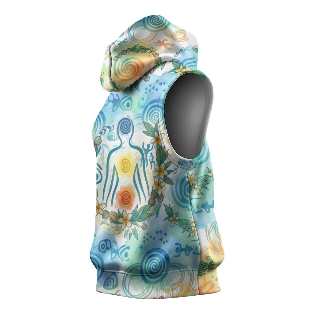 Hawaiian Piko Cultural Pride Aloha Sleeveless Hoodie Watercolor Spiral Art - Tropical Plumeria Lei Garland