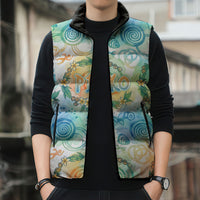 Hawaiian Piko Cultural Pride Aloha Sleeveless Puffer Jacket Watercolor Spiral Art - Tropical Plumeria Lei Garland