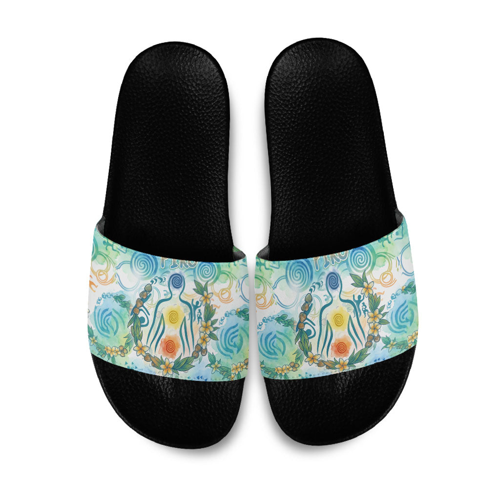 Hawaiian Piko Cultural Pride Aloha Slide Sandals Watercolor Spiral Art - Tropical Plumeria Lei Garland