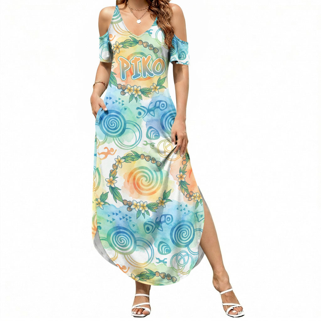 Hawaiian Piko Cultural Pride Aloha Summer Maxi Dress Watercolor Spiral Art - Tropical Plumeria Lei Garland