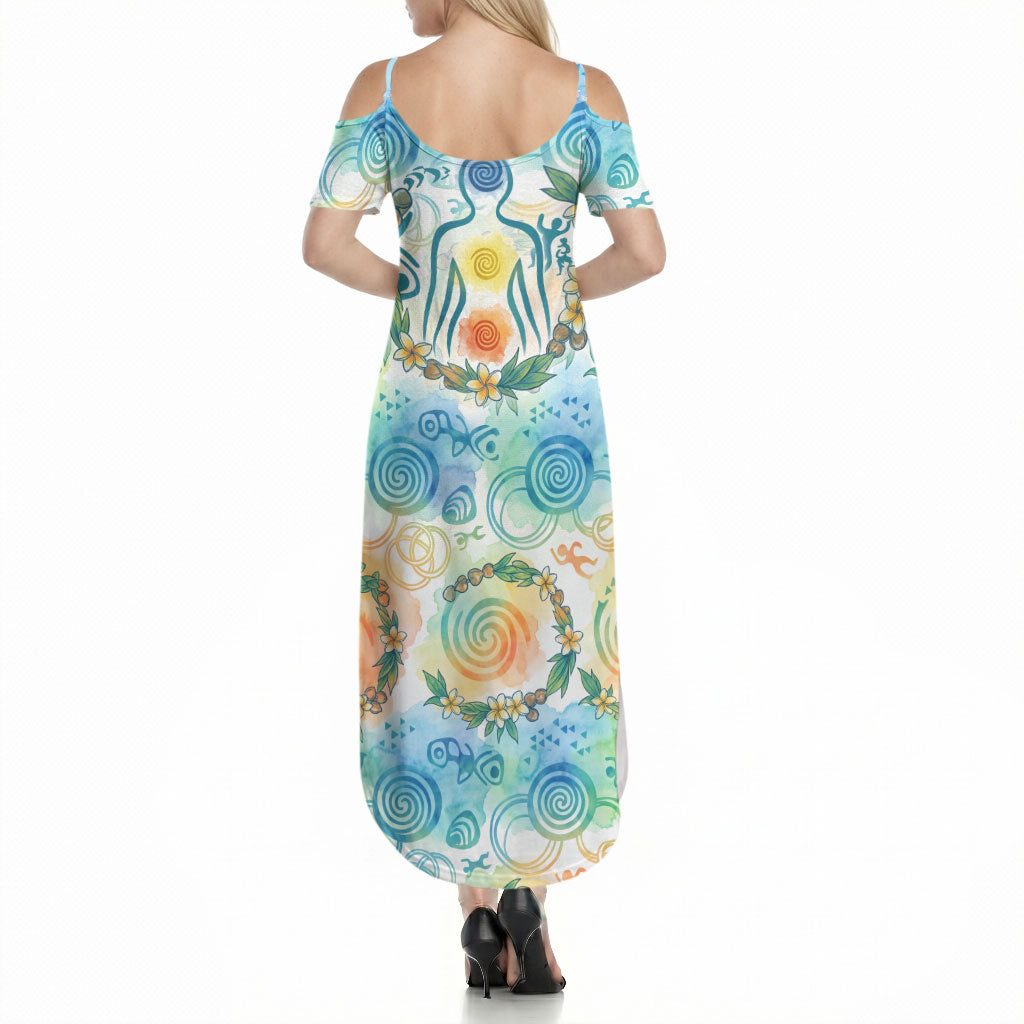Hawaiian Piko Cultural Pride Aloha Summer Maxi Dress Watercolor Spiral Art - Tropical Plumeria Lei Garland