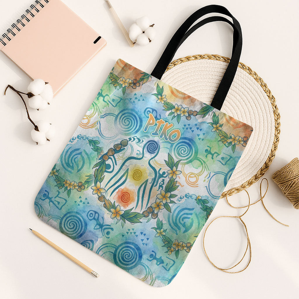 Hawaiian Piko Cultural Pride Aloha Tote Bag Watercolor Spiral Art - Tropical Plumeria Lei Garland