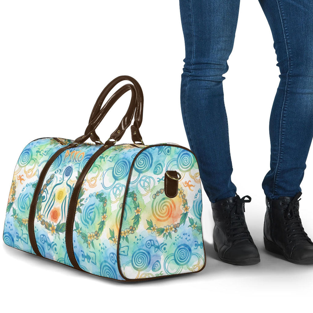 Hawaiian Piko Cultural Pride Aloha Travel Bag Watercolor Spiral Art - Tropical Plumeria Lei Garland
