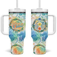 Hawaiian Piko Cultural Pride Aloha Tumbler With Handle Watercolor Spiral Art - Tropical Plumeria Lei Garland