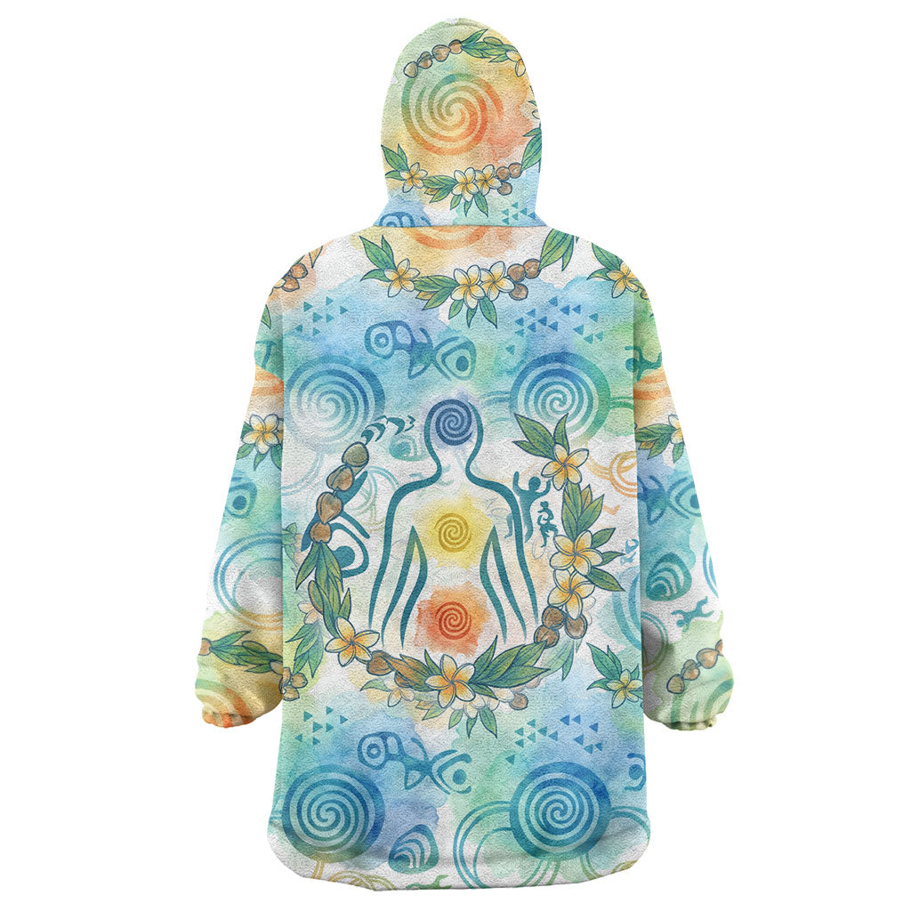 Hawaiian Piko Cultural Pride Aloha Wearable Blanket Hoodie Watercolor Spiral Art - Tropical Plumeria Lei Garland