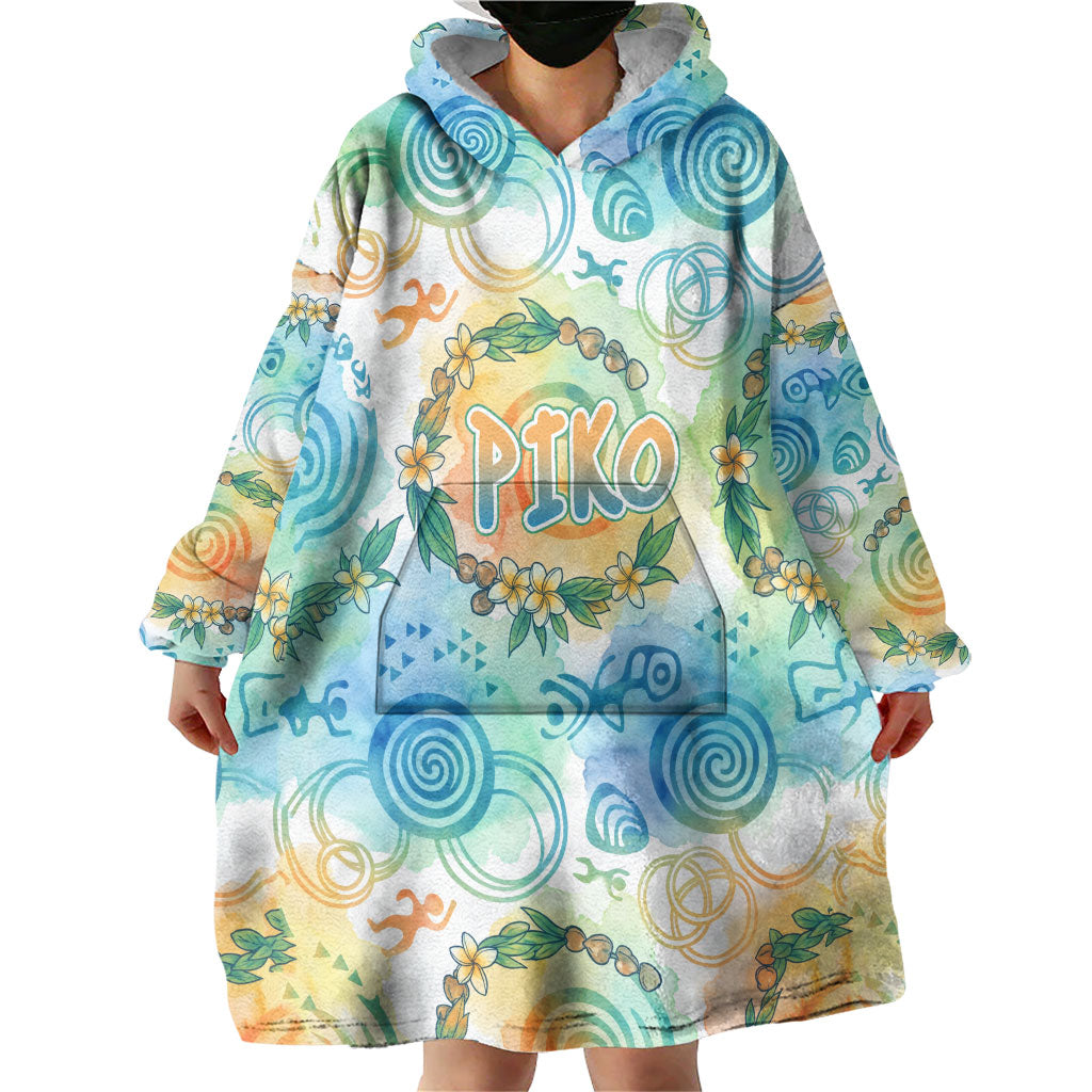Hawaiian Piko Cultural Pride Aloha Wearable Blanket Hoodie Watercolor Spiral Art - Tropical Plumeria Lei Garland