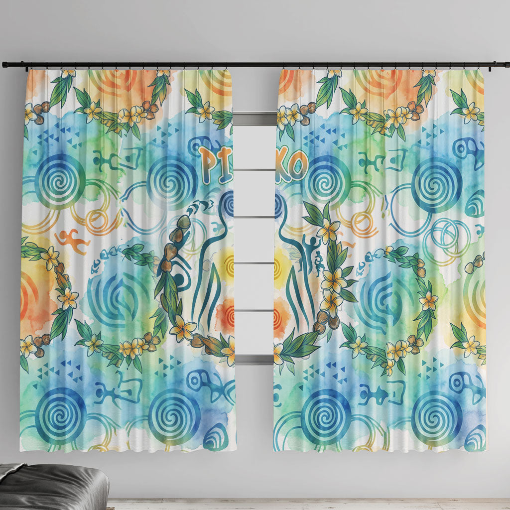 Hawaiian Piko Cultural Pride Aloha Window Curtain Watercolor Spiral Art - Tropical Plumeria Lei Garland