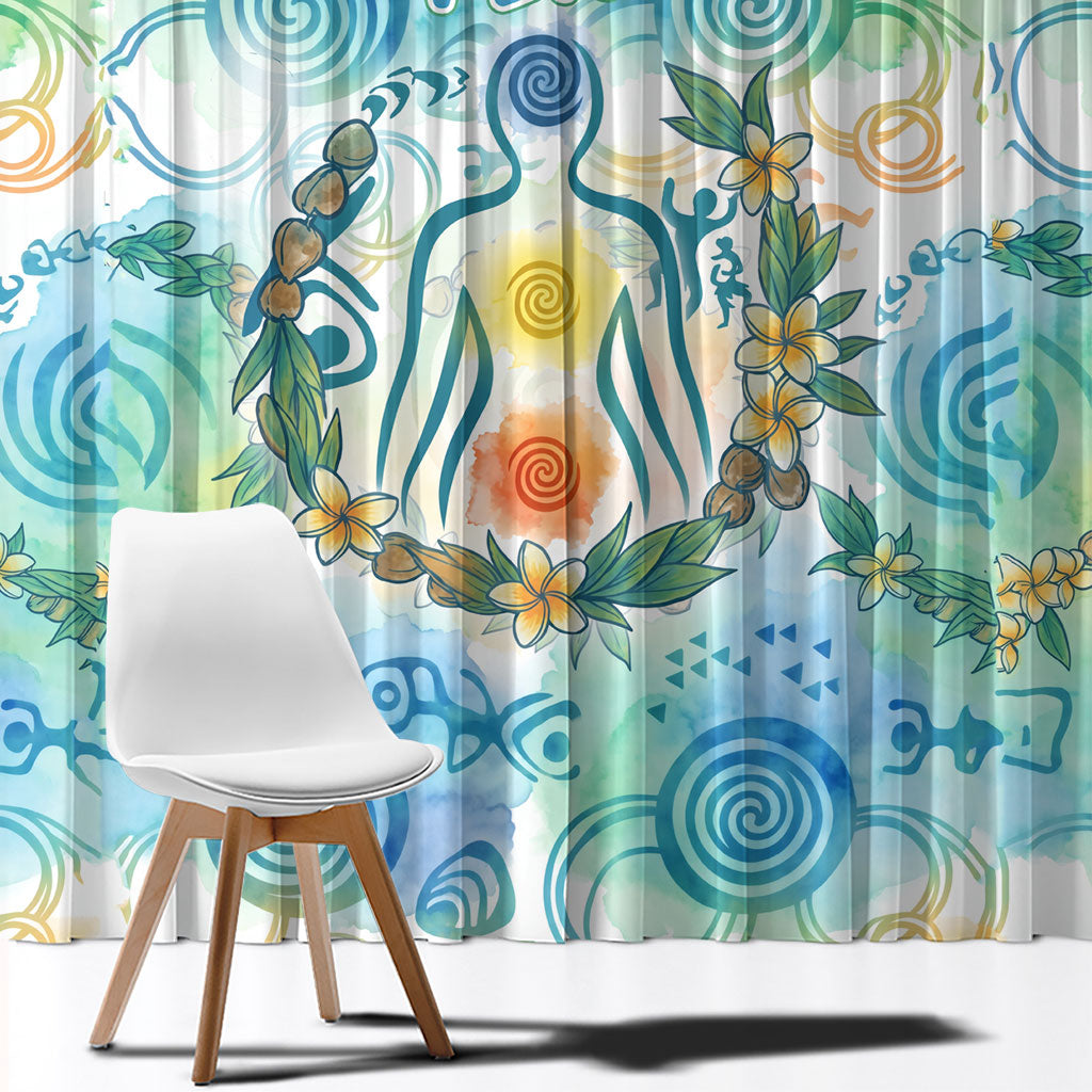 Hawaiian Piko Cultural Pride Aloha Window Curtain Watercolor Spiral Art - Tropical Plumeria Lei Garland