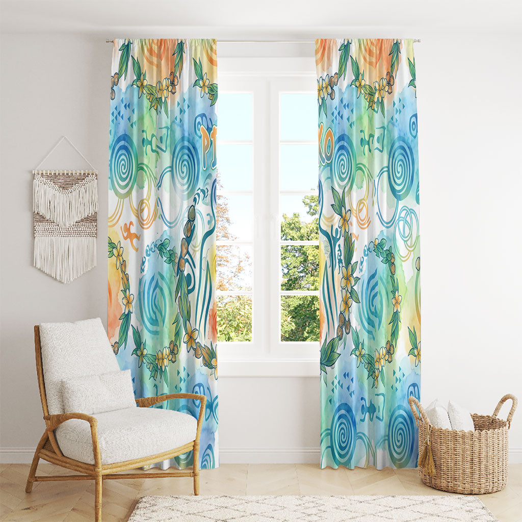 Hawaiian Piko Cultural Pride Aloha Window Curtain Watercolor Spiral Art - Tropical Plumeria Lei Garland