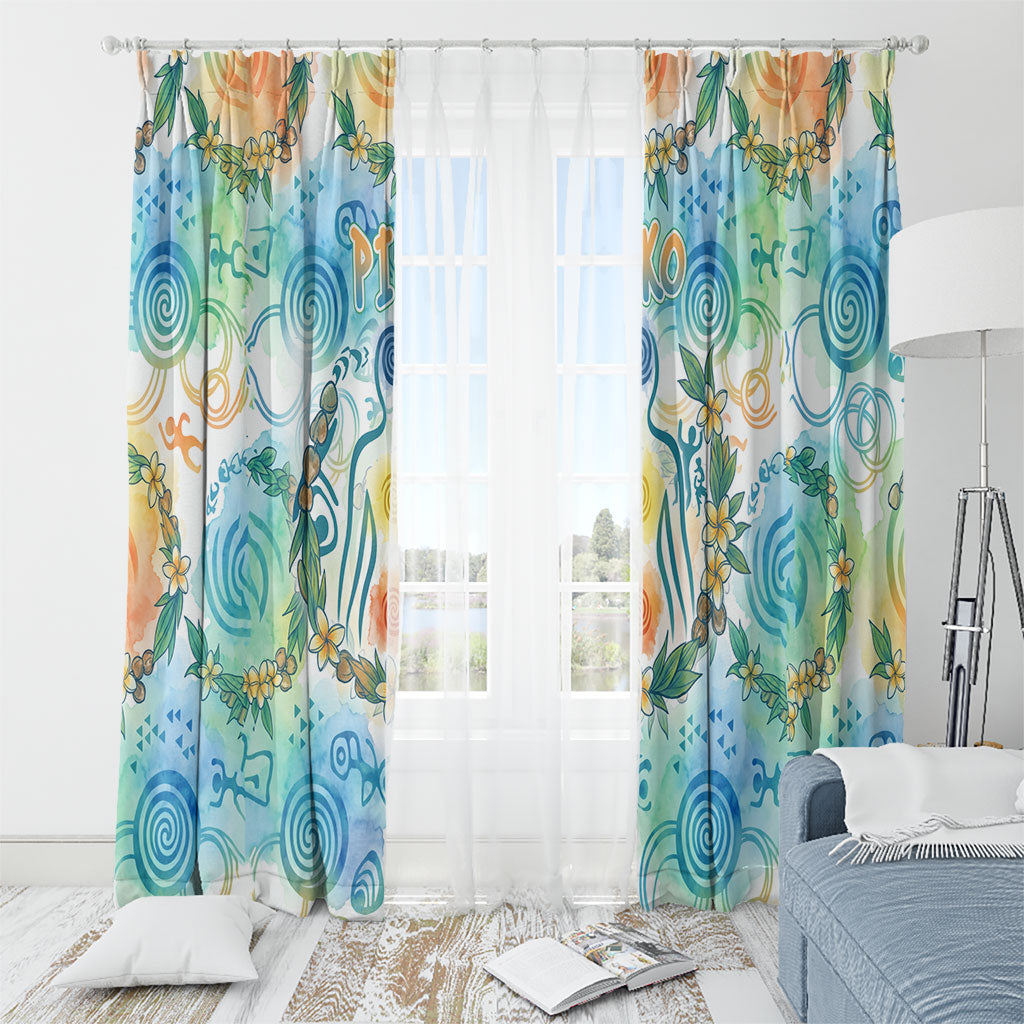 Hawaiian Piko Cultural Pride Aloha Window Curtain Watercolor Spiral Art - Tropical Plumeria Lei Garland
