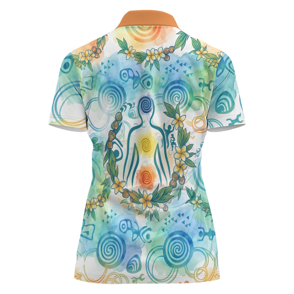 Hawaiian Piko Cultural Pride Aloha Women Polo Shirt Watercolor Spiral Art - Tropical Plumeria Lei Garland