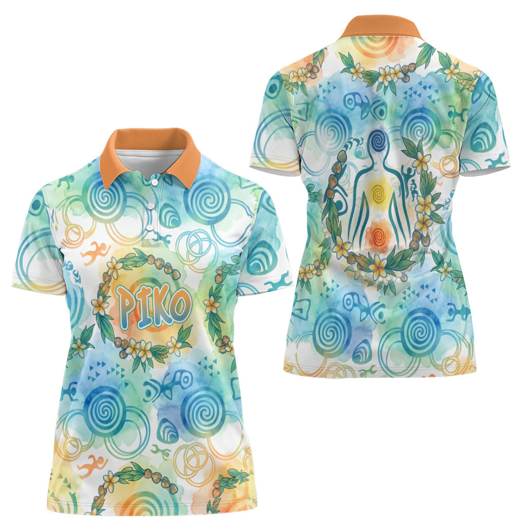 Hawaiian Piko Cultural Pride Aloha Women Polo Shirt Watercolor Spiral Art - Tropical Plumeria Lei Garland