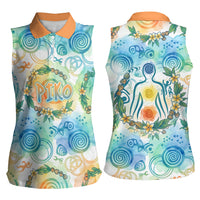 Hawaiian Piko Cultural Pride Aloha Women Sleeveless Polo Shirt Watercolor Spiral Art - Tropical Plumeria Lei Garland