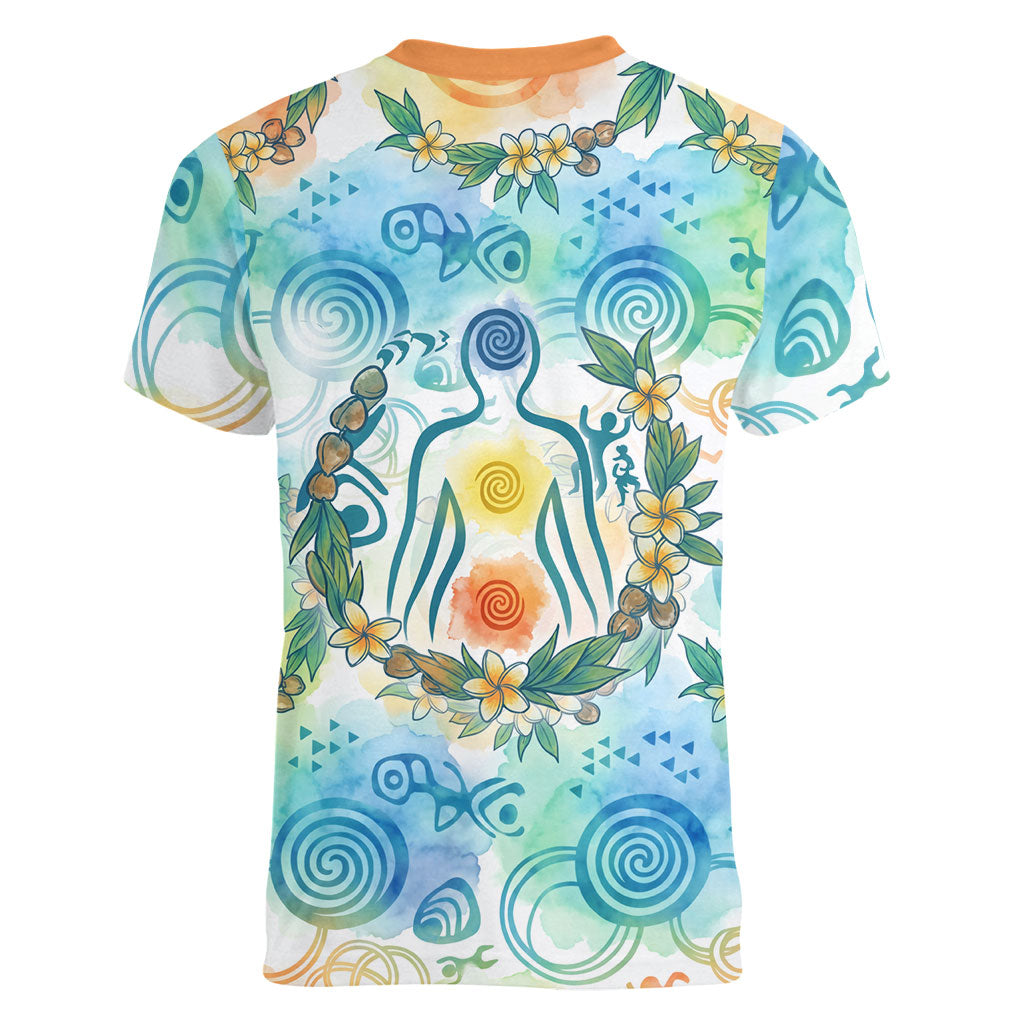 Hawaiian Piko Cultural Pride Aloha Women V-Neck T-Shirt Watercolor Spiral Art - Tropical Plumeria Lei Garland