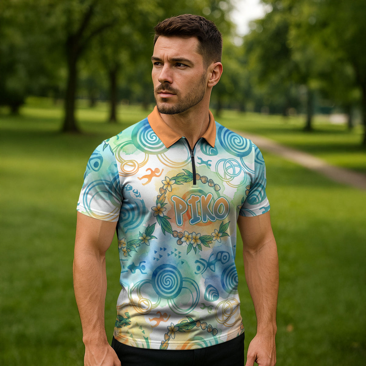 Hawaiian Piko Cultural Pride Aloha Zipper Polo Shirt Watercolor Spiral Art - Tropical Plumeria Lei Garland