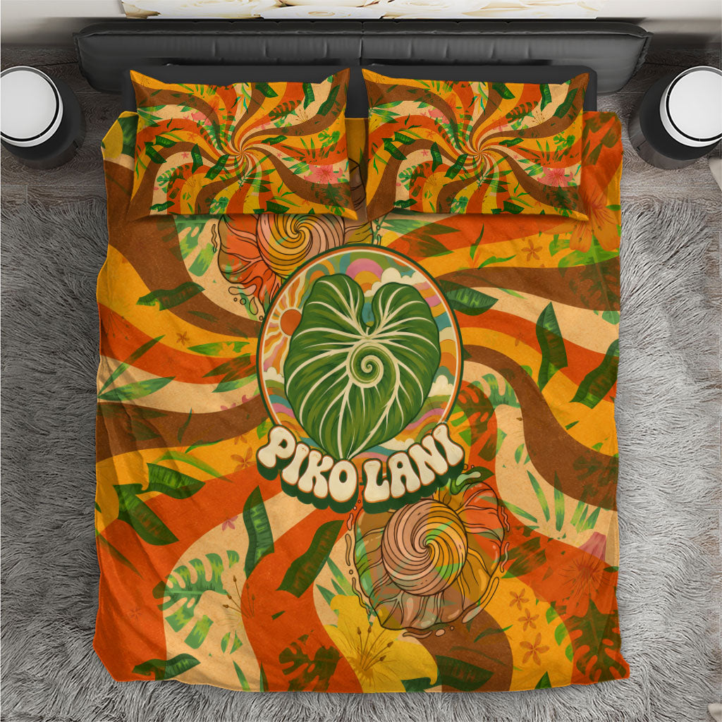 Hawaiian Piko Lani Cultivate I Ka Piko Aloha Bedding Set Retro Psychedelic Taro Leaf - Hibiscus Flowers