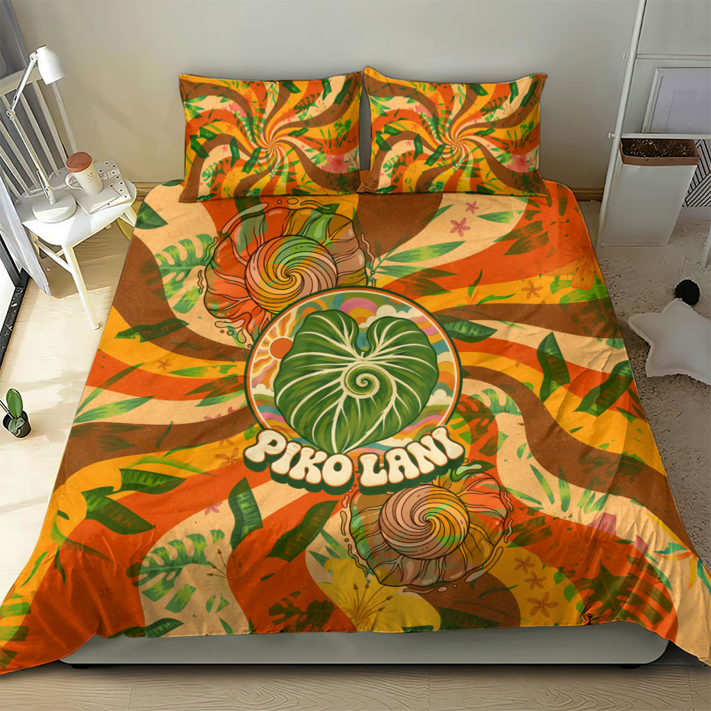 Hawaiian Piko Lani Cultivate I Ka Piko Aloha Bedding Set Retro Psychedelic Taro Leaf - Hibiscus Flowers