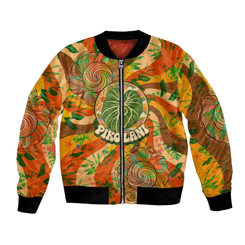 Hawaiian Piko Lani Cultivate I Ka Piko Aloha Bomber Jacket Retro Psychedelic Taro Leaf - Hibiscus Flowers TS04 Unisex Orange Green - Polynesian Pride