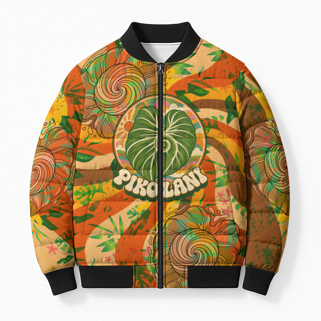 Hawaiian Piko Lani Cultivate I Ka Piko Aloha Bomber Puffer Jacket Retro Psychedelic Taro Leaf - Hibiscus Flowers