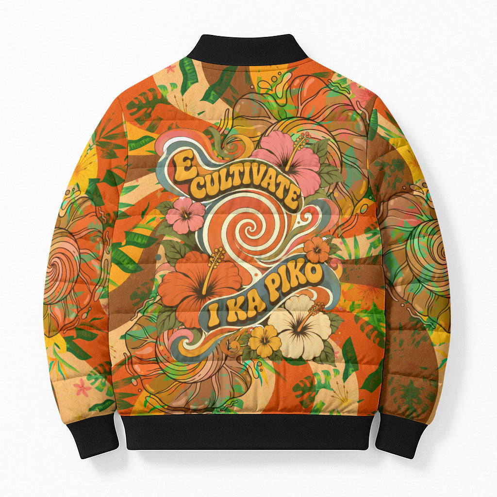 Hawaiian Piko Lani Cultivate I Ka Piko Aloha Bomber Puffer Jacket Retro Psychedelic Taro Leaf - Hibiscus Flowers