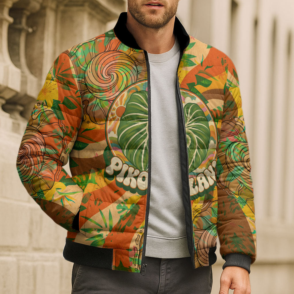 Hawaiian Piko Lani Cultivate I Ka Piko Aloha Bomber Puffer Jacket Retro Psychedelic Taro Leaf - Hibiscus Flowers
