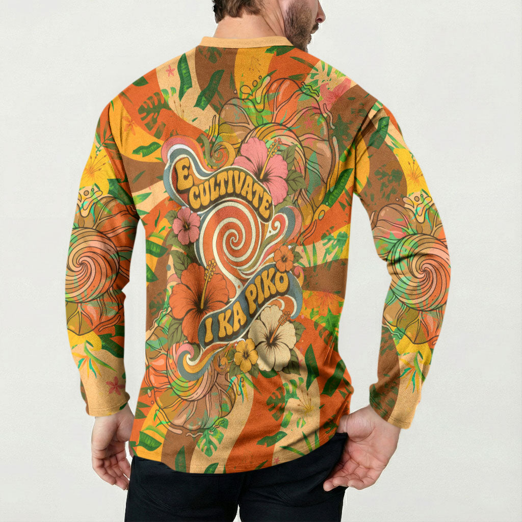 Hawaiian Piko Lani Cultivate I Ka Piko Aloha Button Sweatshirt Retro Psychedelic Taro Leaf - Hibiscus Flowers